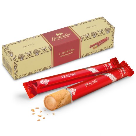 Gottlieber Praliné Hüppen wafer rolls with box, one unwrapped